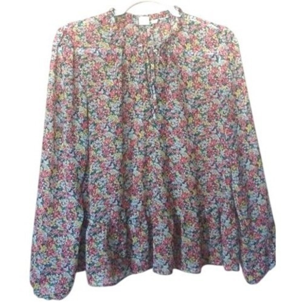 GAP‎ Women Sz L Floral Peplum Blouse Pink Yellow Blue Ruffle Tie Neck Sheer
